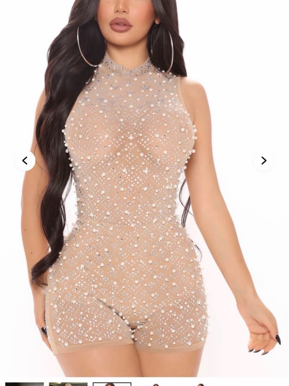 Fashion Nova Embellished Nude High-Neck Romper Dress
